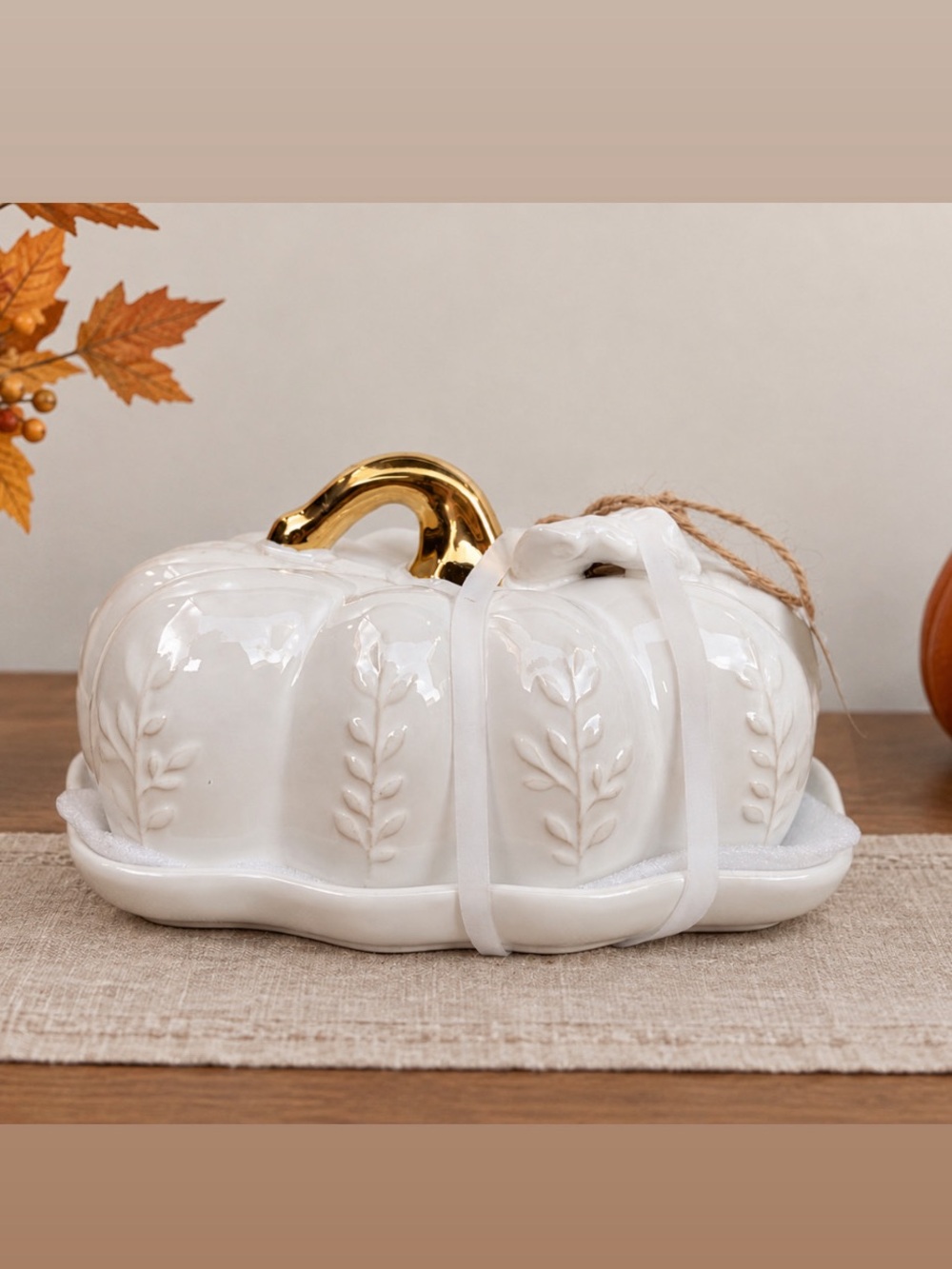 Crofton White Pumpkin Butter Dish with Gold Stem